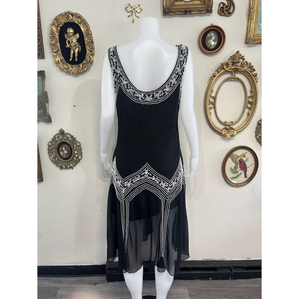 Dressbarn Woman Vintage Y2K Black White Beaded Flapper Midi Dress Size 16W
